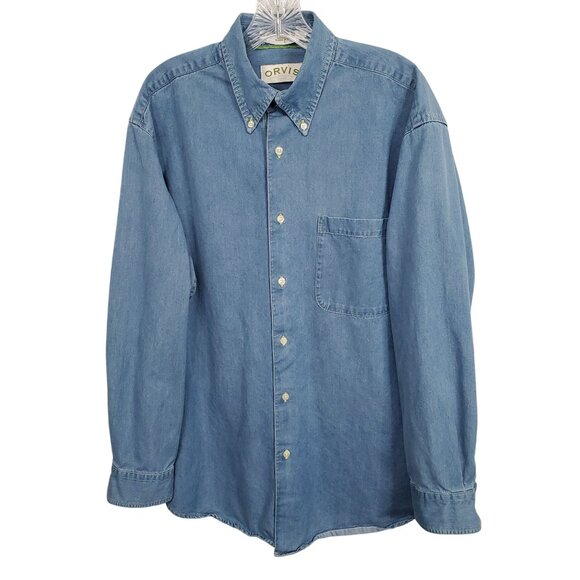Orvis Mens L Shirt Denim Button Up Lightweight Work Barn Chore Shacket Outdoors - Picture 2 of 10
